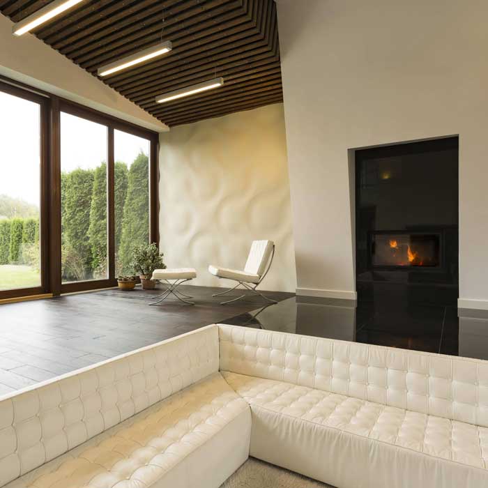 Futuristic living room with fireplace